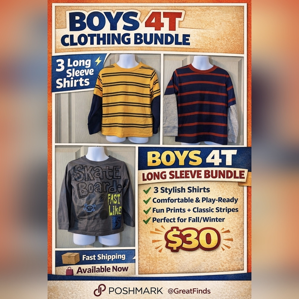 Gerber Graduates Boys 4T Long Sleeve Shirt Bundle 3pc Stripes + Graphic Tee, T1A